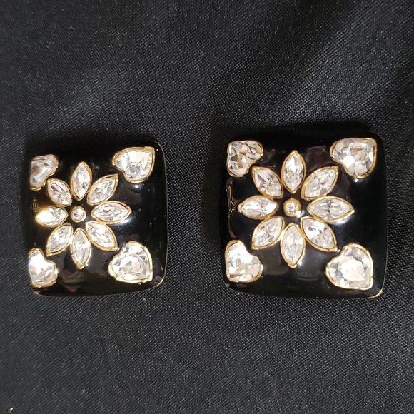 Vintage 1980s Black Enamel with Crystal Hearts and Flower Clip-on Earrings - Picture 1 of 5